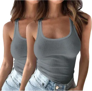 2 Pack Plus Size Ribbed Tank Tops for Women, U Scoop Neck Workout Basic Sleeveless T-Shirt Summer Casual Sexy Tanks