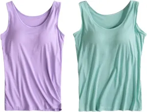 2 Pack Tank Tops for Women 2024 Cami Built in Bras Plus Size Shelf Bra Shirt Yoga Athleic Layering Undershirt