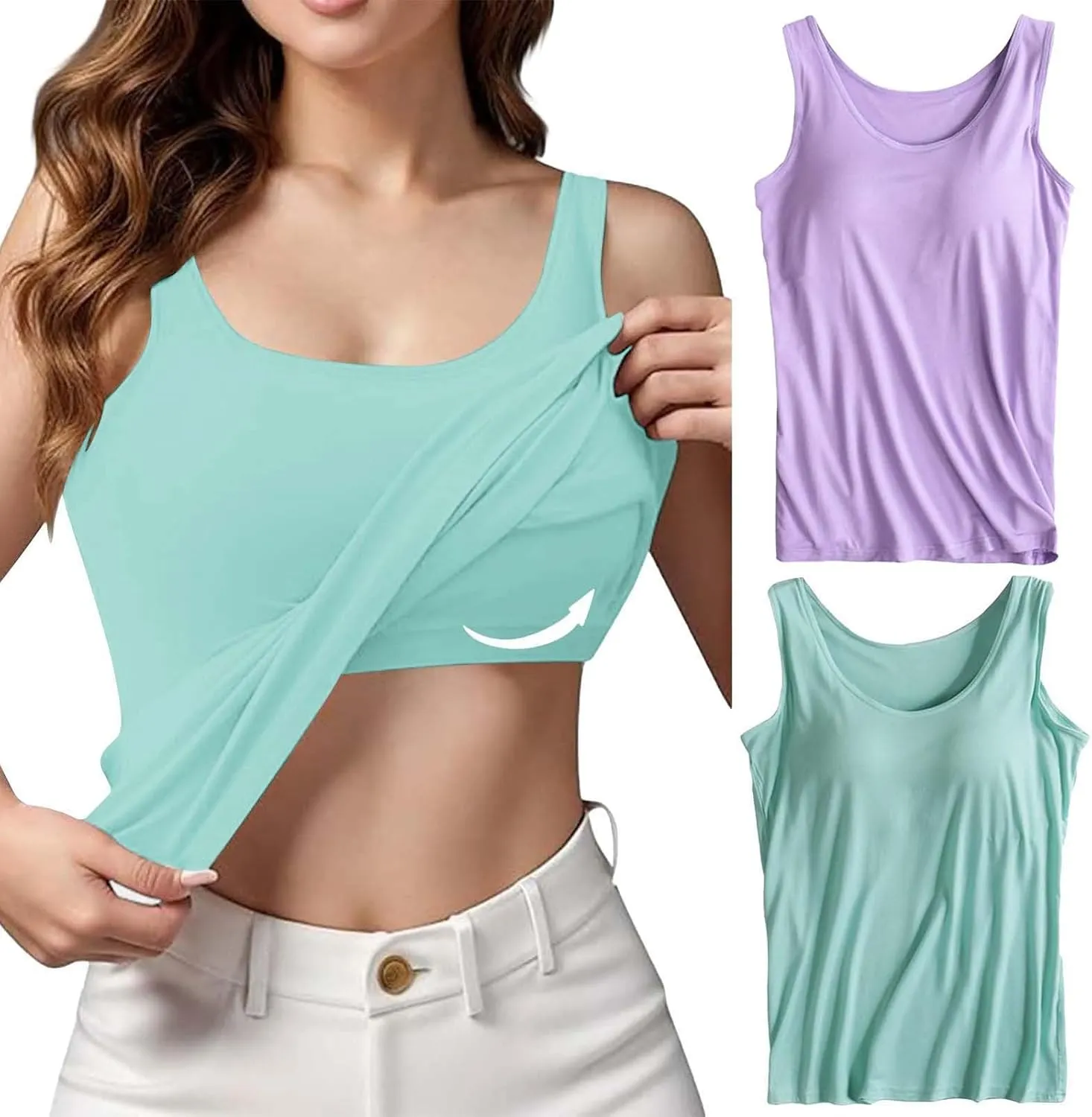 2 Pack Tank Tops for Women 2024 Cami Built in Bras Plus Size Shelf Bra Shirt Yoga Athleic Layering Undershirt