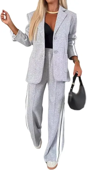 2 Piece Blazer Outfits for Women Comfy Oversized Jacket Wide Leg Pants Suits Notch Lapel Casual Business Dressy Sets