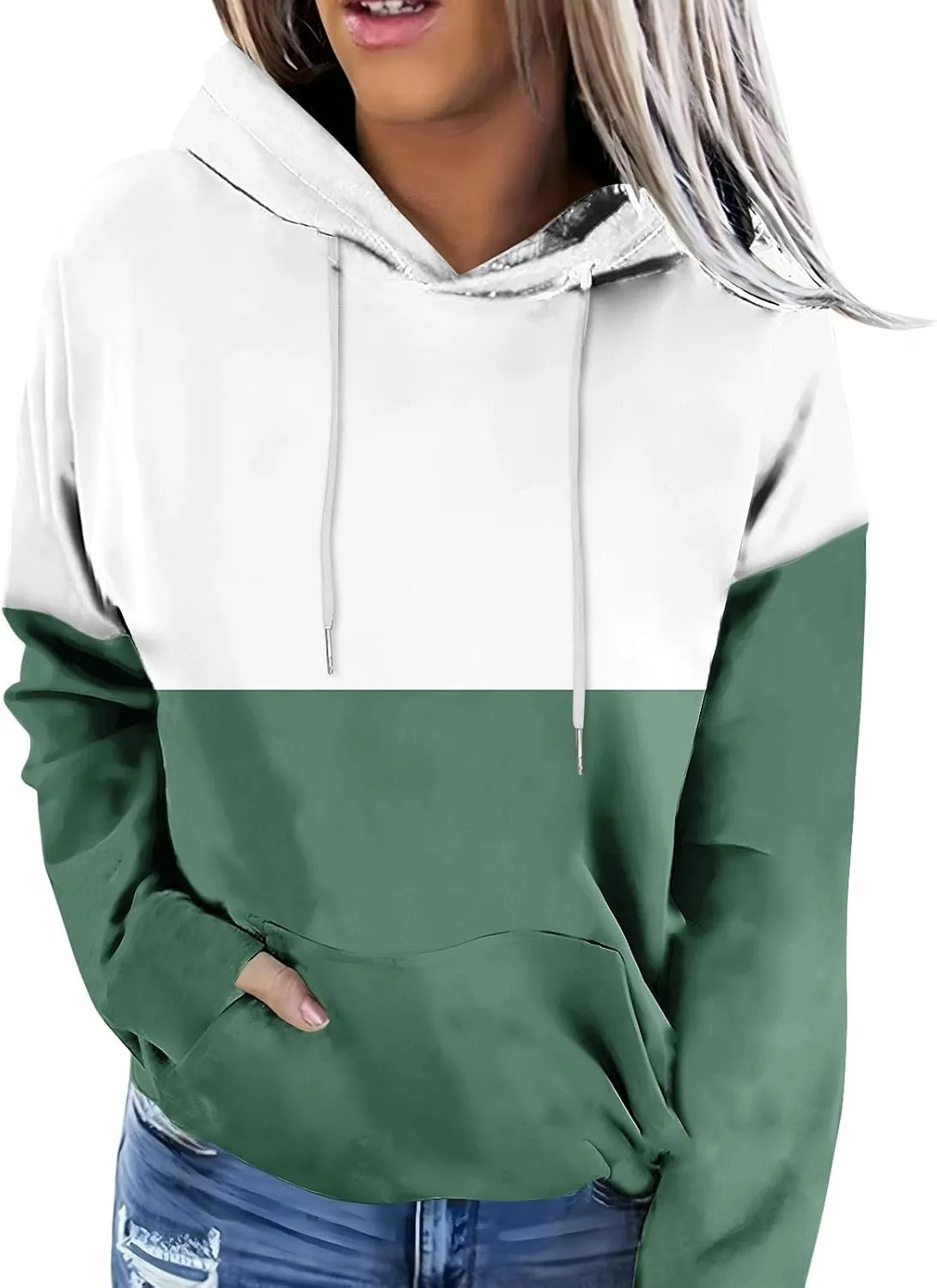 2024 Fall Hoodies for Women Drawstring Colorblock Long Sleeves Hooded Clothes Fashion Loose Fit Cozy Tops With Pocket