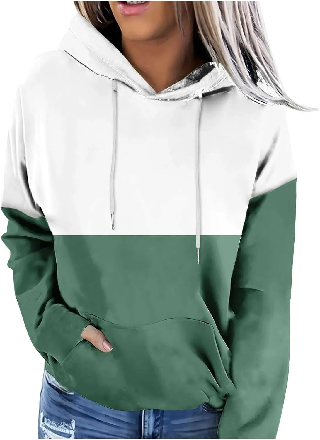 2024 Fall Hoodies for Women Drawstring Colorblock Long Sleeves Hooded Clothes Fashion Loose Fit Cozy Tops With Pocket