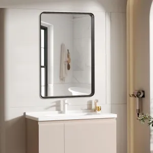 20" L x 28" W Black Metal Framed Bathroom Mirror for Wall Rounded Rectangle Mirror Anti-Rust, Tempered Glass, Hangs Horizontally or Vertically