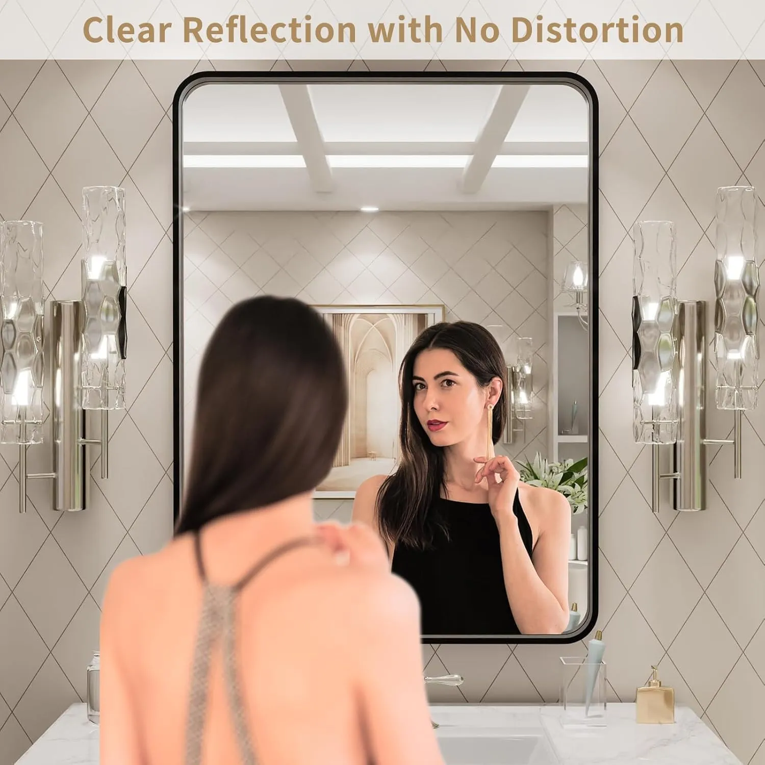 20" L x 28" W Black Metal Framed Bathroom Mirror for Wall Rounded Rectangle Mirror Anti-Rust, Tempered Glass, Hangs Horizontally or Vertically