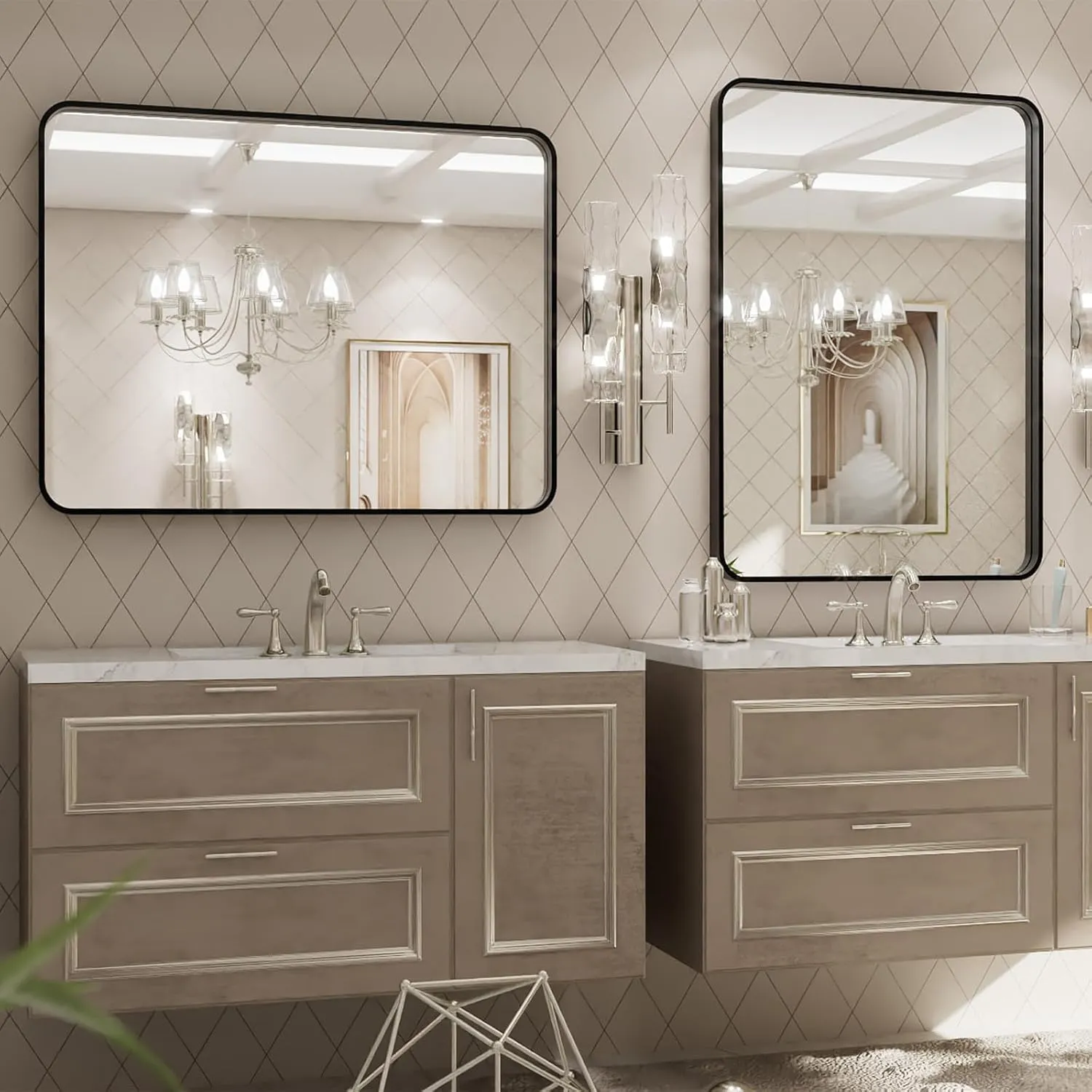 20" L x 28" W Black Metal Framed Bathroom Mirror for Wall Rounded Rectangle Mirror Anti-Rust, Tempered Glass, Hangs Horizontally or Vertically