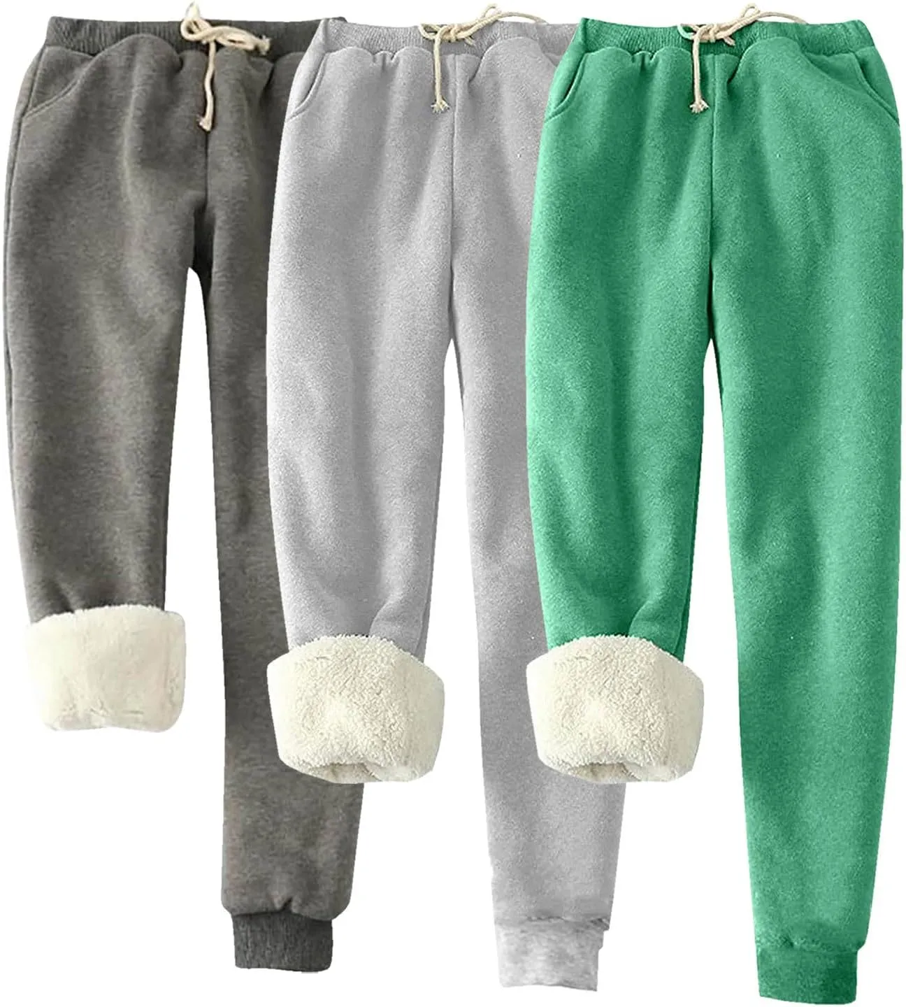 3 Pack Sherpa Lined Jogger Pants Women Winter Warm Drawstring Elastic Waist Sweatpants Plus Size Loungewear Bottoms