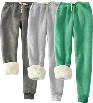 3 Pack Sherpa Lined Jogger Pants Women Winter Warm Drawstring Elastic Waist Sweatpants Plus Size Loungewear Bottoms