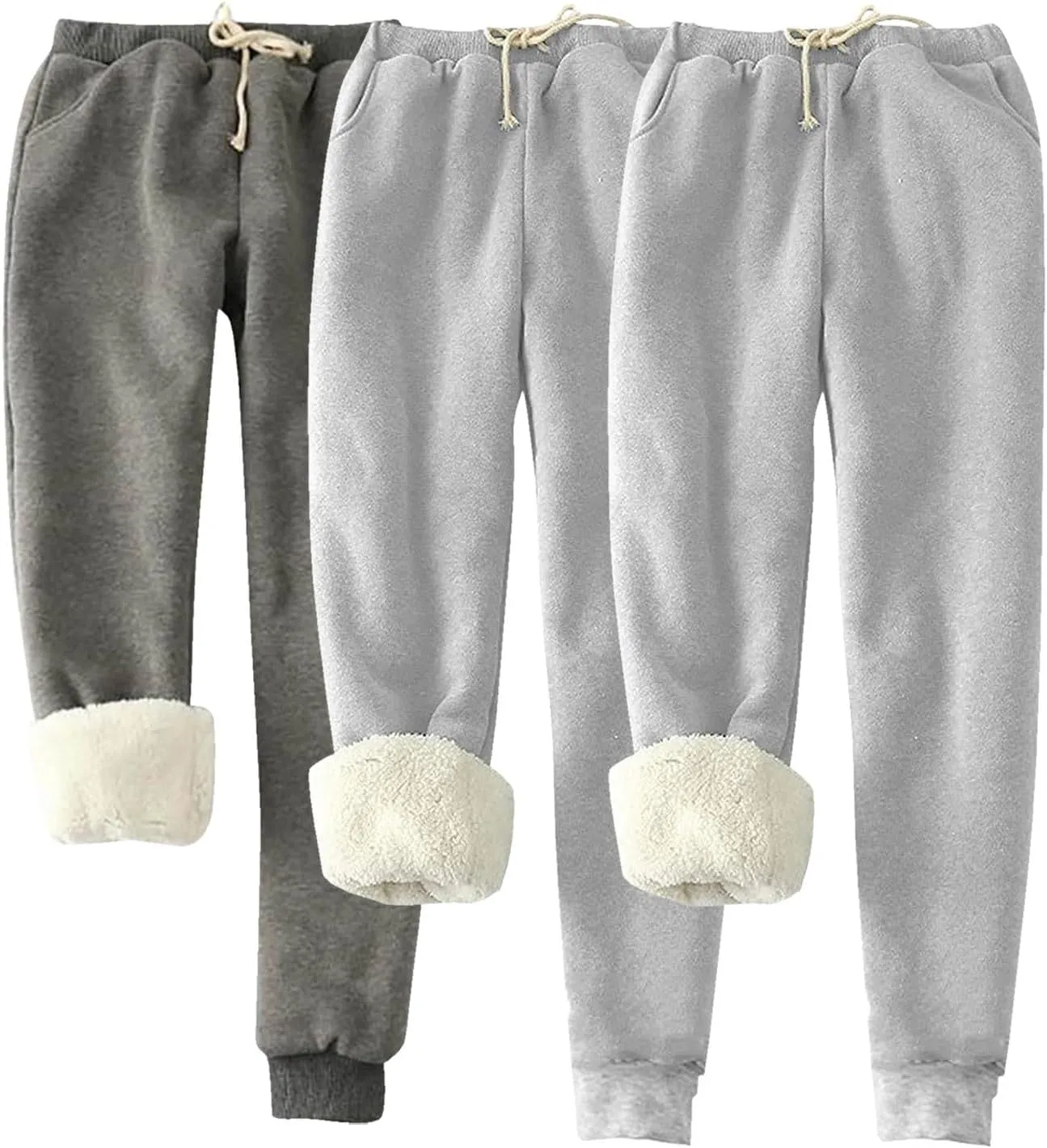 3 Pack Sherpa Lined Jogger Pants Women Winter Warm Drawstring Elastic Waist Sweatpants Plus Size Loungewear Bottoms