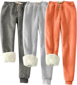3 Pack Sherpa Lined Jogger Pants Women Winter Warm Drawstring Elastic Waist Sweatpants Plus Size Loungewear Bottoms
