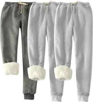 3 Pack Sherpa Lined Jogger Pants Women Winter Warm Drawstring Elastic Waist Sweatpants Plus Size Loungewear Bottoms