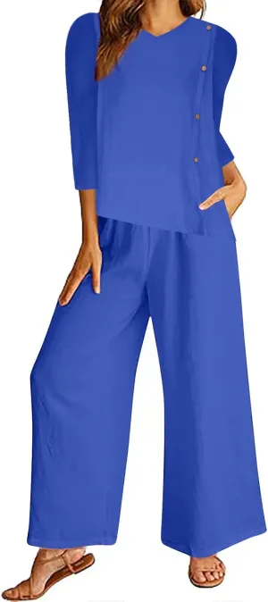 3/4 Sleeve Cotton Linen Outfit Set for Womens Summer Casual V Neck Shirts and Wide Leg Pants Resort Wear Loungwear