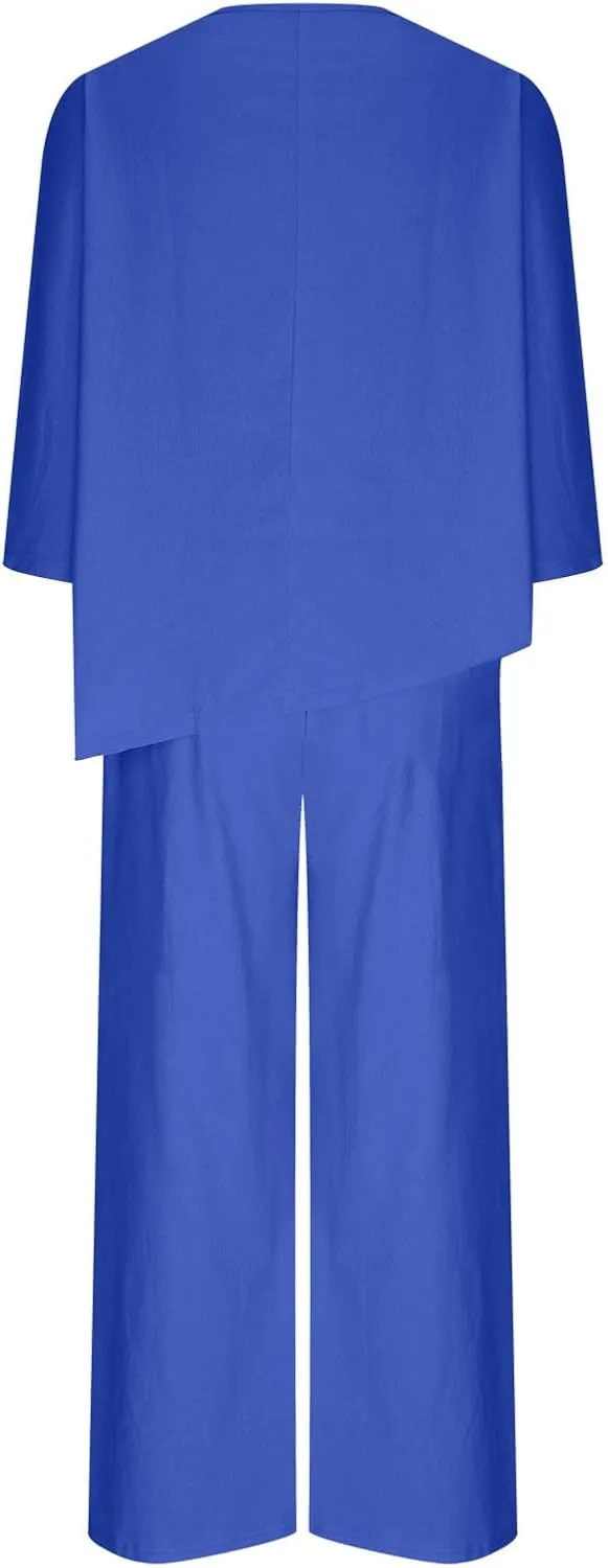 3/4 Sleeve Cotton Linen Outfit Set for Womens Summer Casual V Neck Shirts and Wide Leg Pants Resort Wear Loungwear