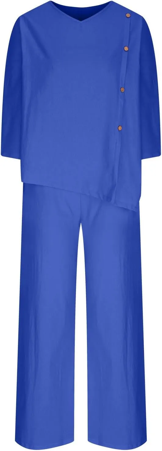 3/4 Sleeve Cotton Linen Outfit Set for Womens Summer Casual V Neck Shirts and Wide Leg Pants Resort Wear Loungwear