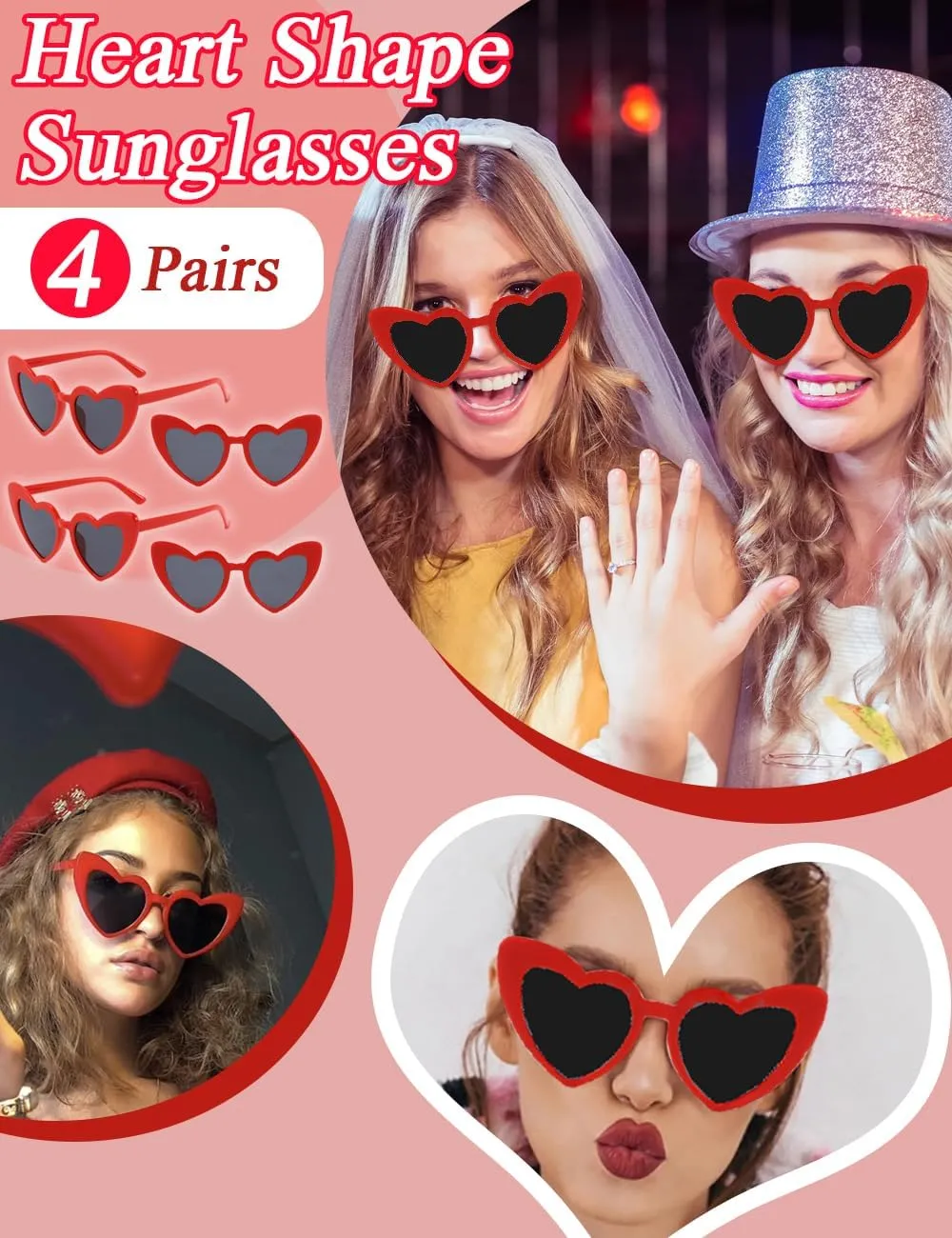 4 Pack Valentines Heart Shaped Sunglasses - Trendy Cat Eye Love Glasses, Vintage Retro Sunglasses for Women