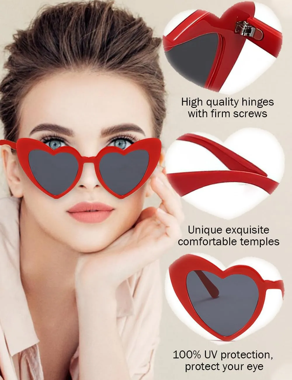 4 Pack Valentines Heart Shaped Sunglasses - Trendy Cat Eye Love Glasses, Vintage Retro Sunglasses for Women