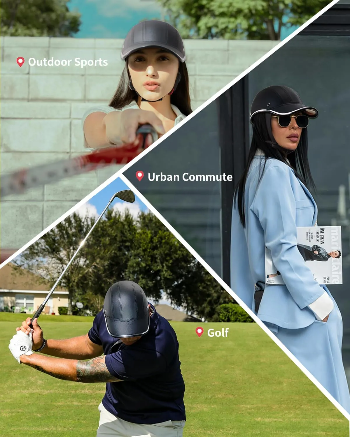 Adult Baseball Cap Helmet - Urban Style PU Retro Leather Hat for Golf, Low Profile Urban Commute Helmet for Men & Women