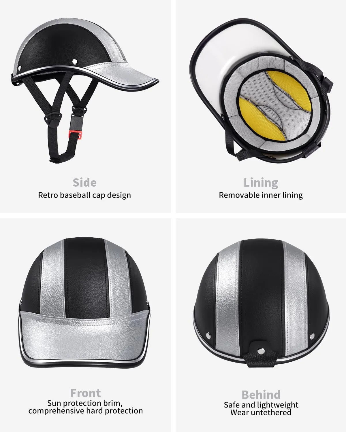 Adult Baseball Cap Helmet - Urban Style PU Retro Leather Hat for Golf, Low Profile Urban Commute Helmet for Men & Women