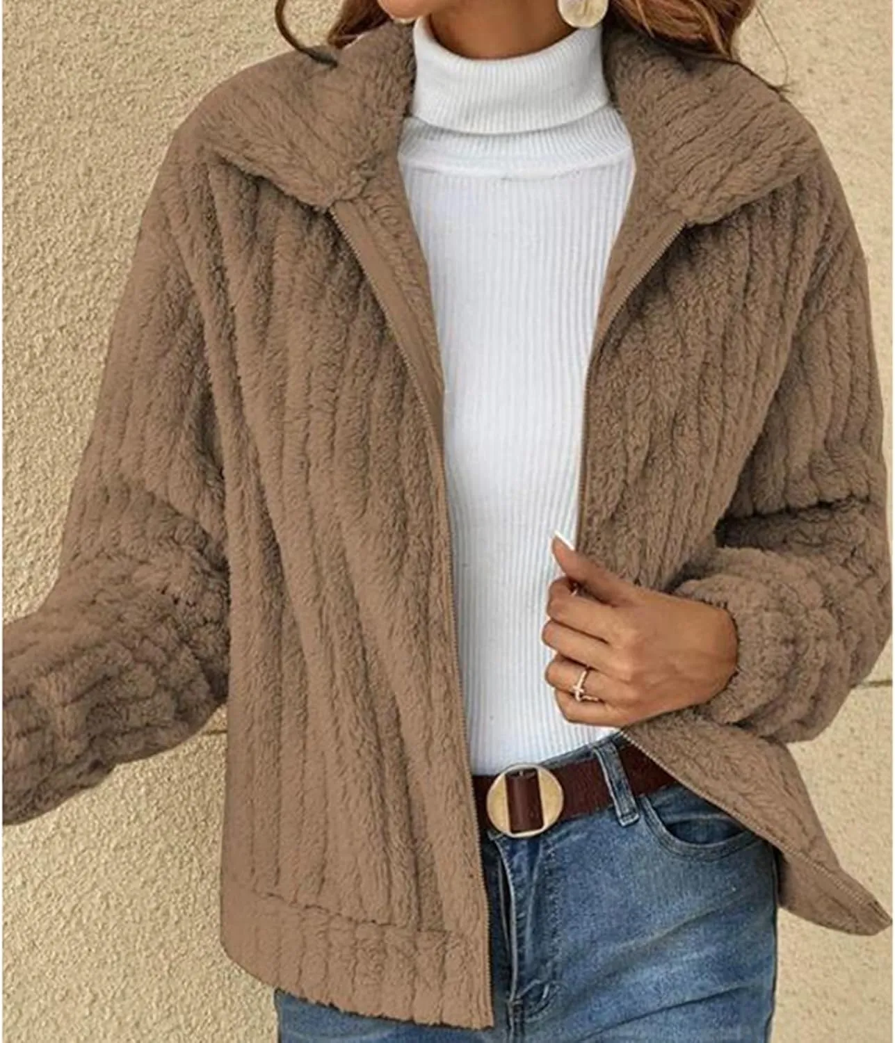 Akivide Women's Fleece Plush Cropped Jacket Casaul Fluffy Teddy Full Zip Up Sweatshirt Winter Warm Sherpa Coat