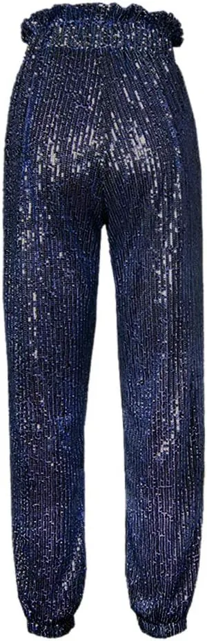 ALLUMK Womens Black Sequin Bling Legging Joggers Pencil Pants with Drawstring