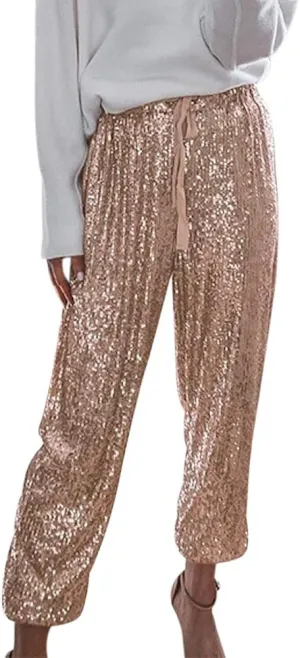 ALLUMK Womens Black Sequin Bling Legging Joggers Pencil Pants with Drawstring