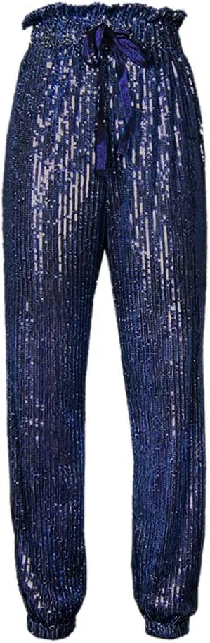 ALLUMK Womens Black Sequin Bling Legging Joggers Pencil Pants with Drawstring