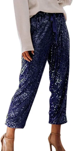 ALLUMK Womens Black Sequin Bling Legging Joggers Pencil Pants with Drawstring