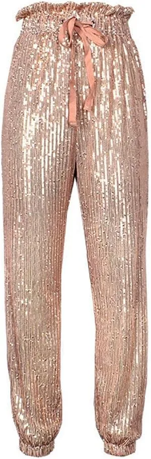 ALLUMK Womens Black Sequin Bling Legging Joggers Pencil Pants with Drawstring