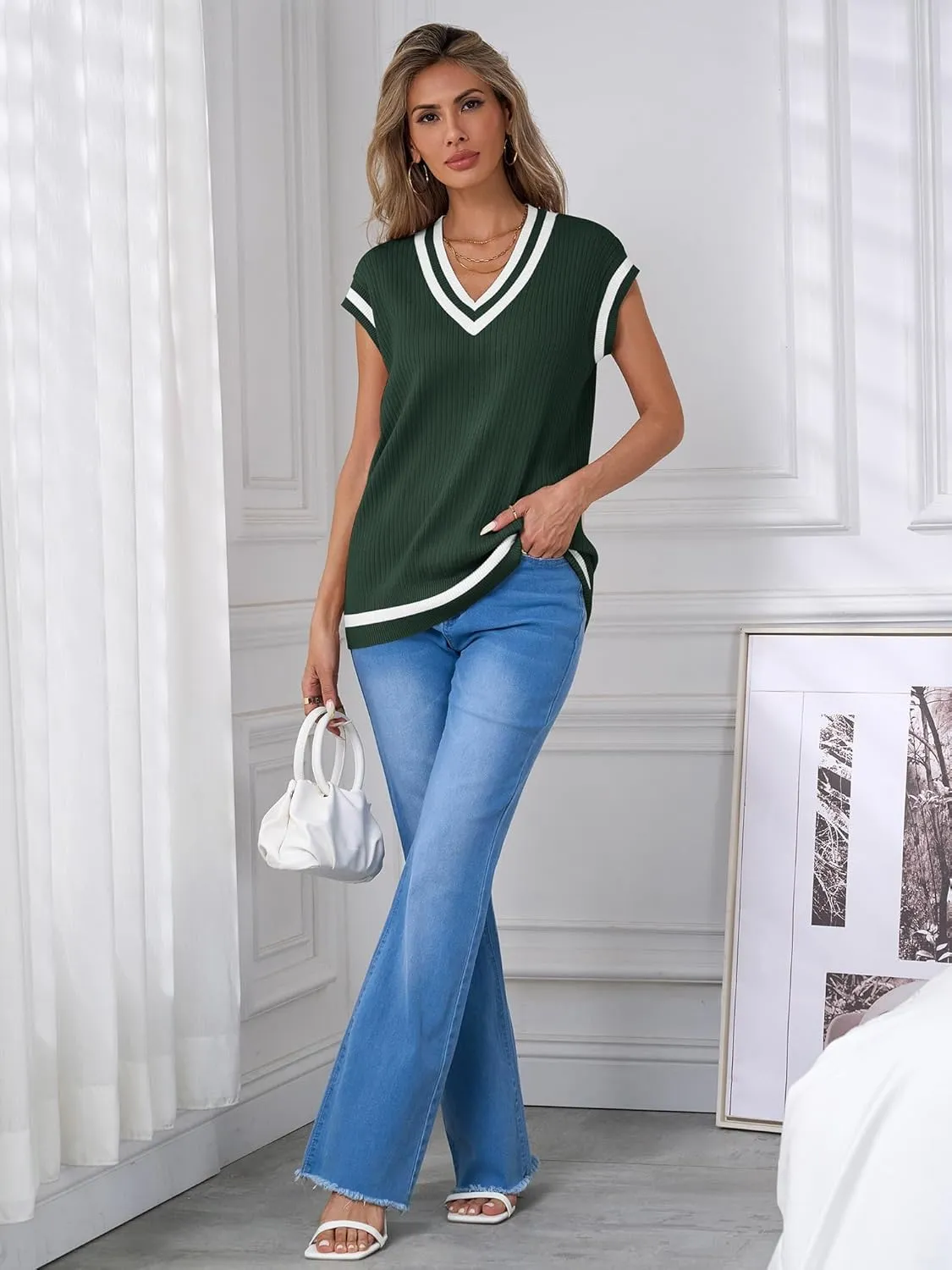Anbech Womens V Neck Sweater Vest Ribbed Knit Sleeveless Tanks Cap Sleeve Loose Tops