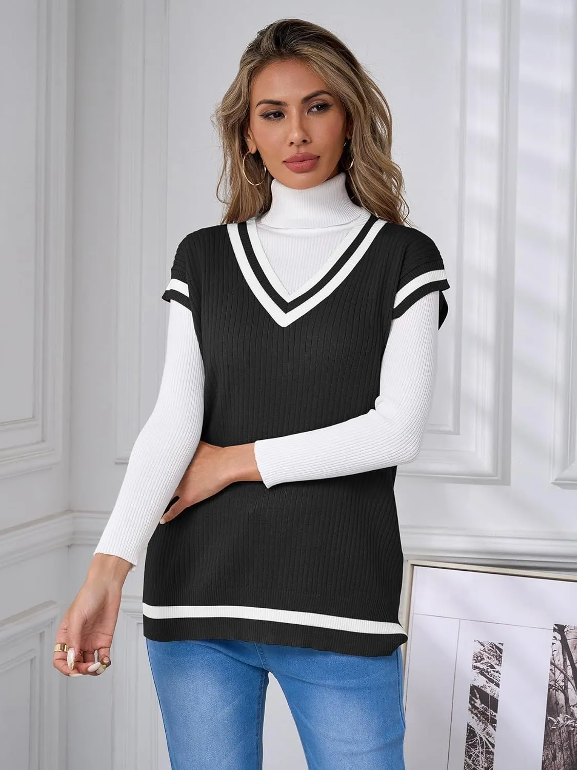 Anbech Womens V Neck Sweater Vest Ribbed Knit Sleeveless Tanks Cap Sleeve Loose Tops