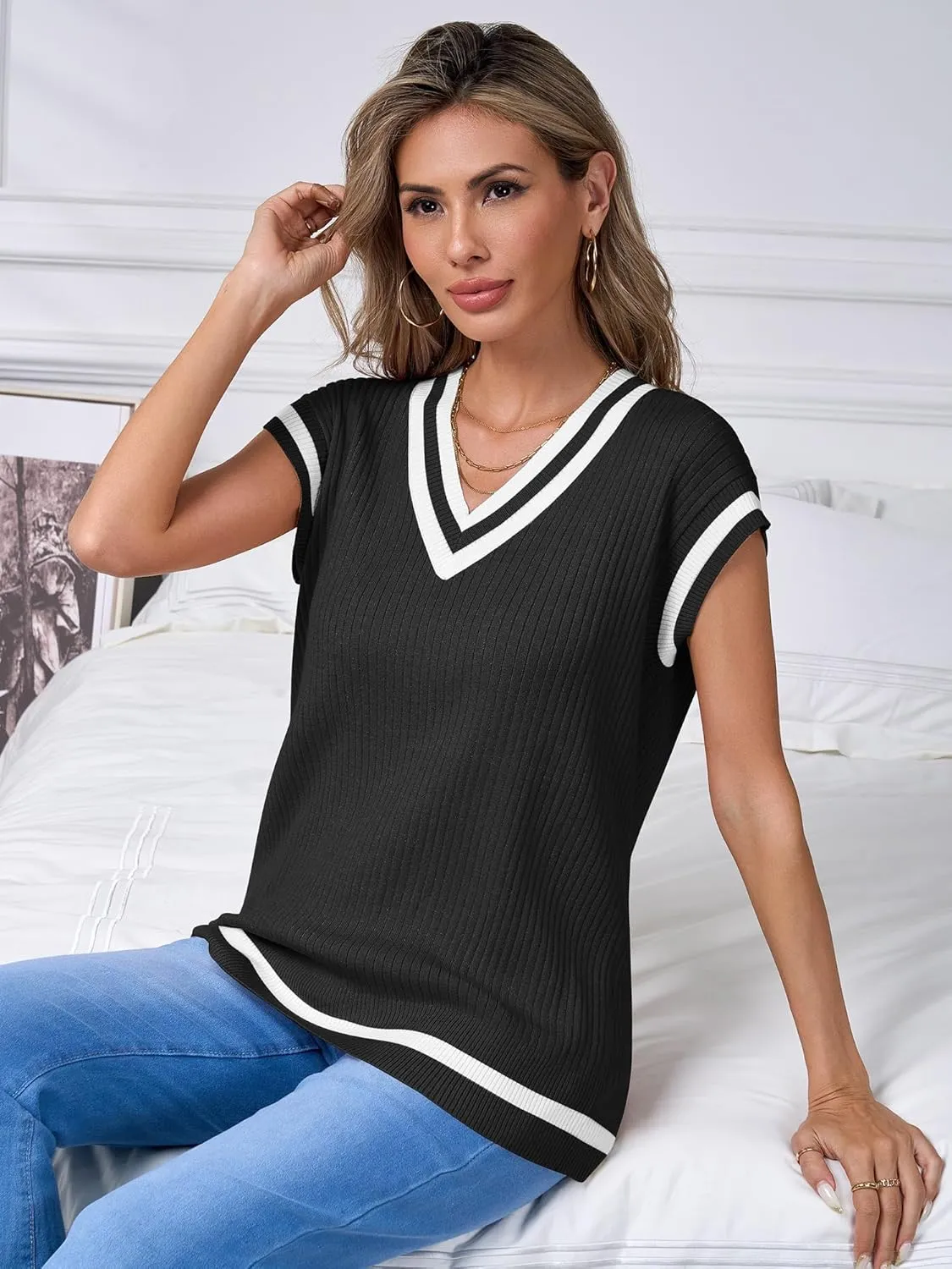 Anbech Womens V Neck Sweater Vest Ribbed Knit Sleeveless Tanks Cap Sleeve Loose Tops