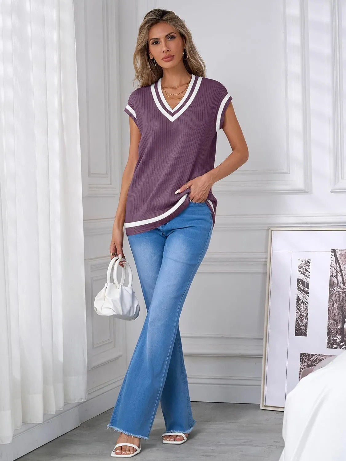Anbech Womens V Neck Sweater Vest Ribbed Knit Sleeveless Tanks Cap Sleeve Loose Tops
