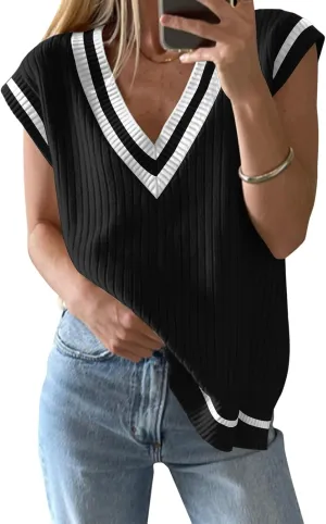 Anbech Womens V Neck Sweater Vest Ribbed Knit Sleeveless Tanks Cap Sleeve Loose Tops