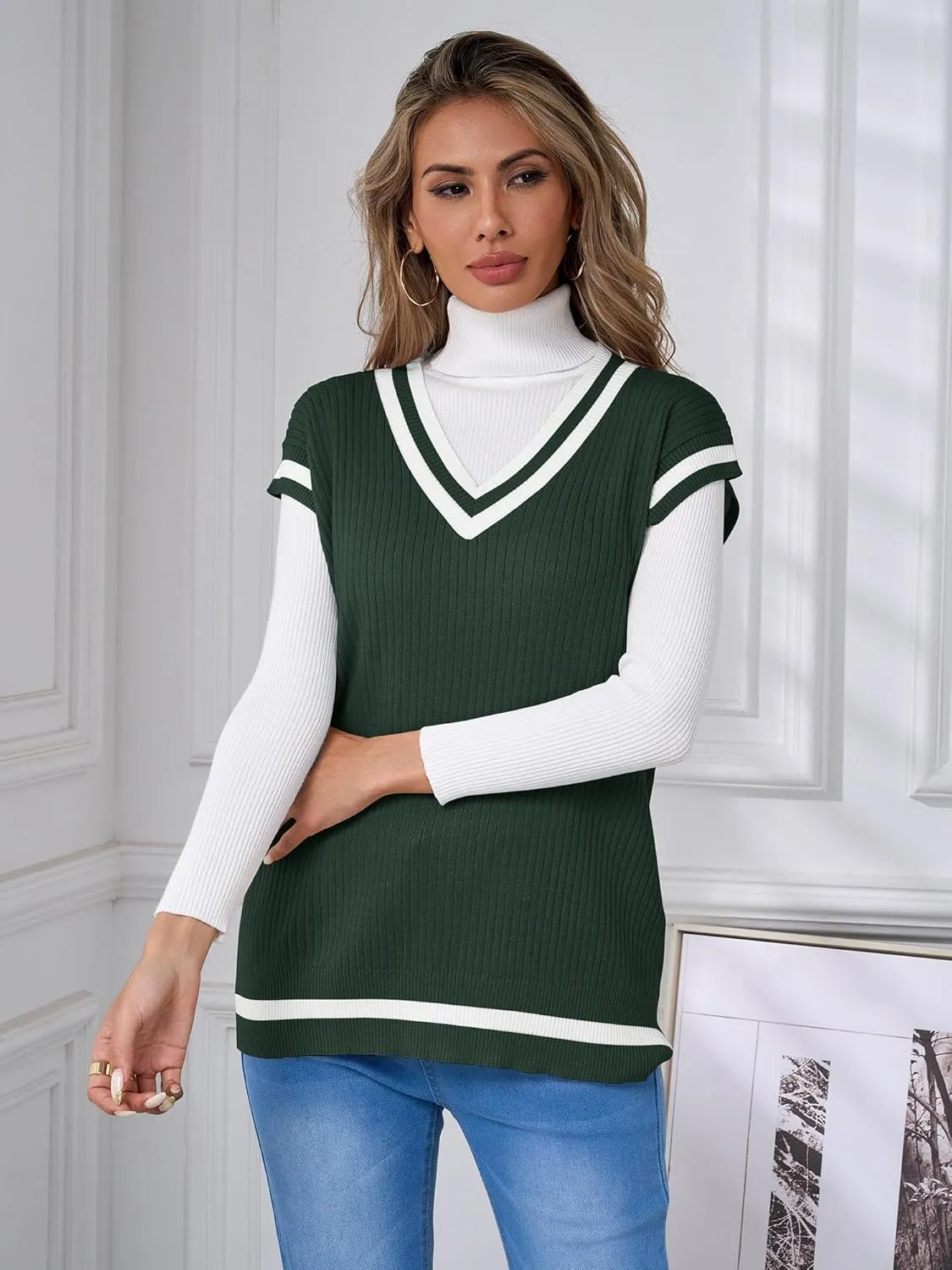 Anbech Womens V Neck Sweater Vest Ribbed Knit Sleeveless Tanks Cap Sleeve Loose Tops