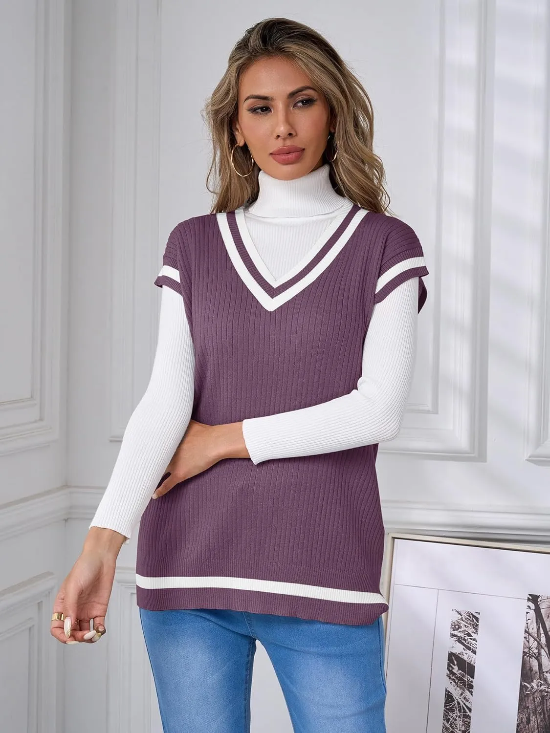 Anbech Womens V Neck Sweater Vest Ribbed Knit Sleeveless Tanks Cap Sleeve Loose Tops