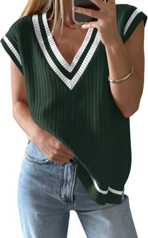 Anbech Womens V Neck Sweater Vest Ribbed Knit Sleeveless Tanks Cap Sleeve Loose Tops