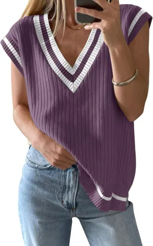 Anbech Womens V Neck Sweater Vest Ribbed Knit Sleeveless Tanks Cap Sleeve Loose Tops
