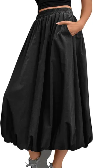 Ankle Length Skirt for Women Summer Beach Casual Elastic High Waisted Maxi Skirt Puff Long Skirts with Pockets