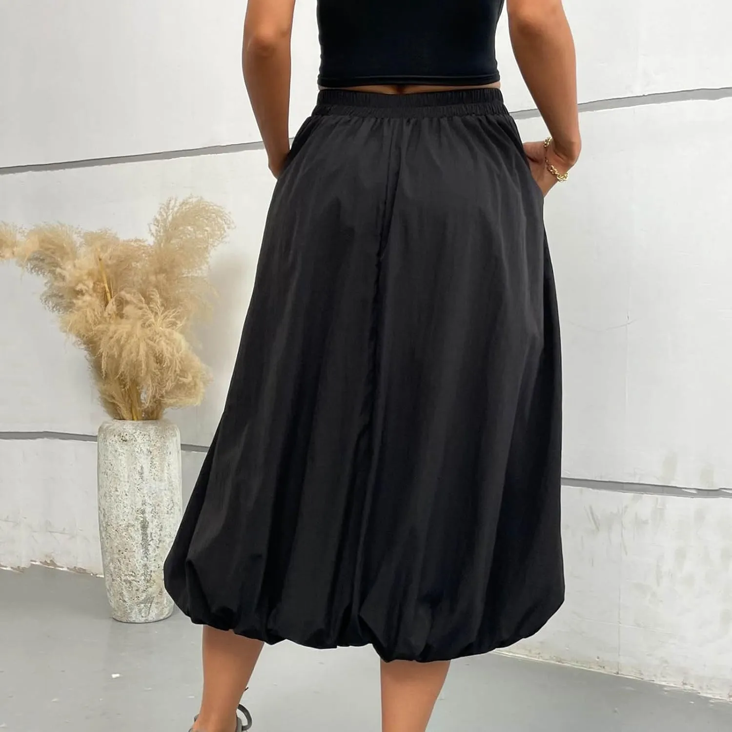 Ankle Length Skirt for Women Summer Beach Casual Elastic High Waisted Maxi Skirt Puff Long Skirts with Pockets