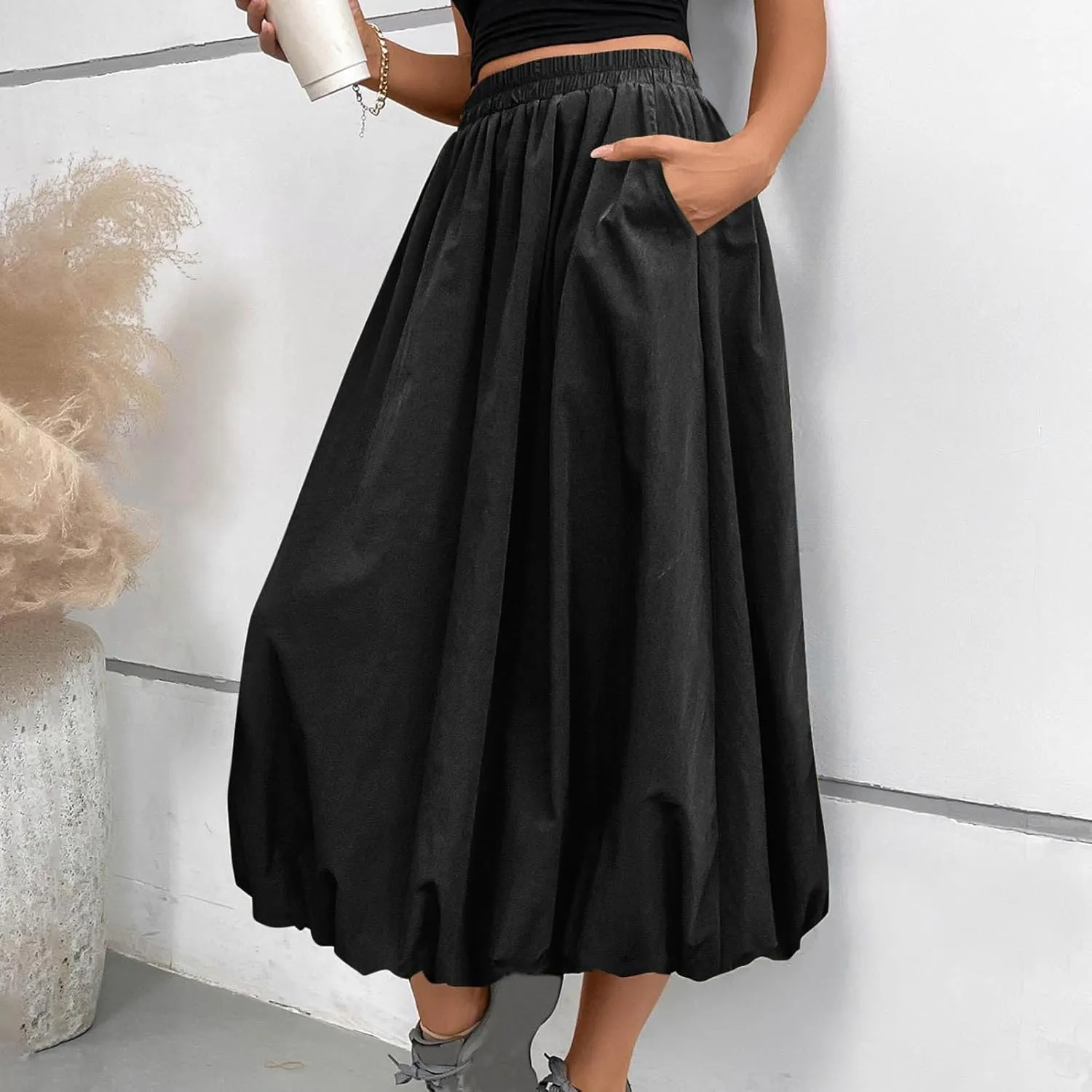 Ankle Length Skirt for Women Summer Beach Casual Elastic High Waisted Maxi Skirt Puff Long Skirts with Pockets
