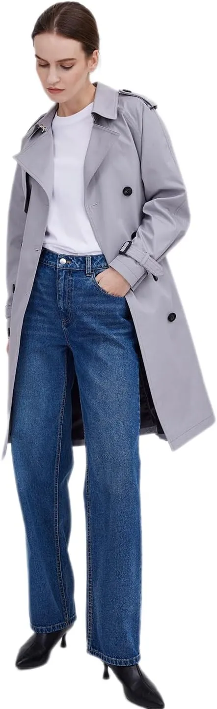 ASSUAL Womens 3/4 Length Trench Coat, Classic Double Breasted Lapel Belt Windbreaker For Workplace Business Commuting