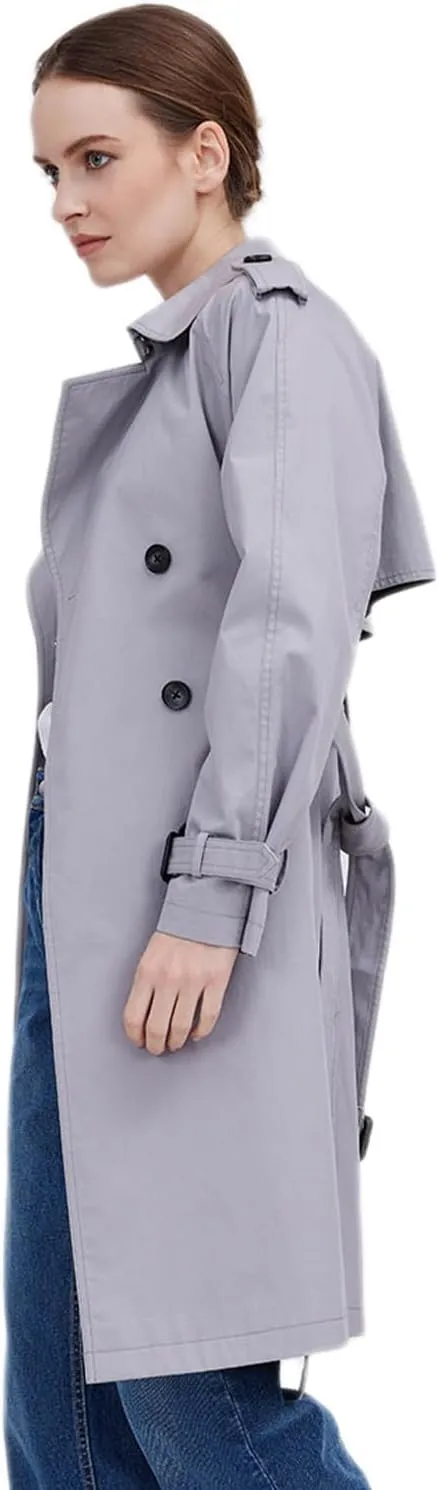 ASSUAL Womens 3/4 Length Trench Coat, Classic Double Breasted Lapel Belt Windbreaker For Workplace Business Commuting
