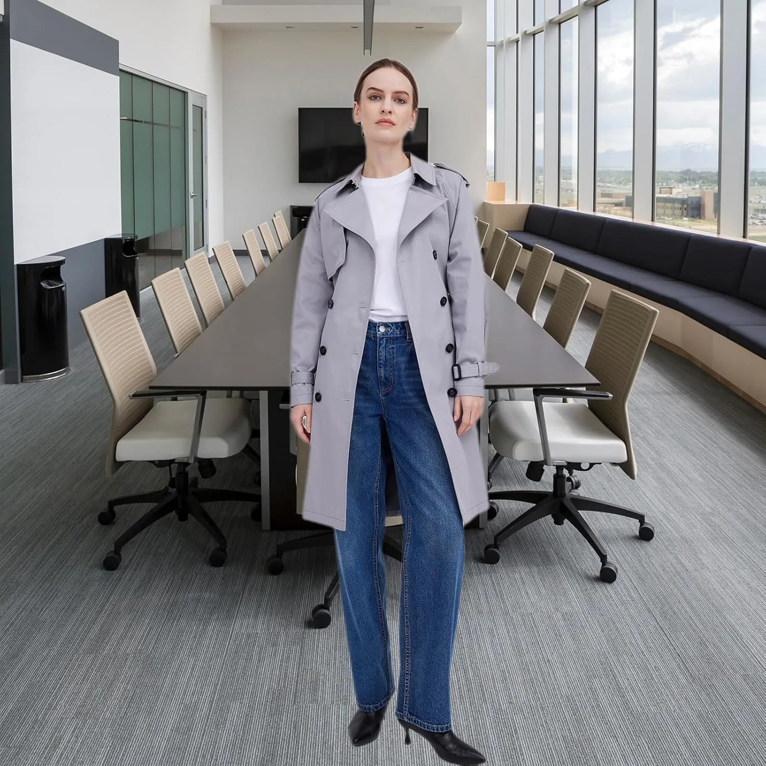 ASSUAL Womens 3/4 Length Trench Coat, Classic Double Breasted Lapel Belt Windbreaker For Workplace Business Commuting