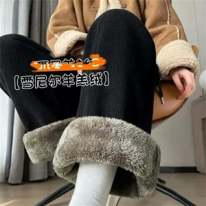 Autumn and Winter Pants for Women Thickened Plush Wide-Leg Pants Corduroy Straight Solid Color Casual Trousers
