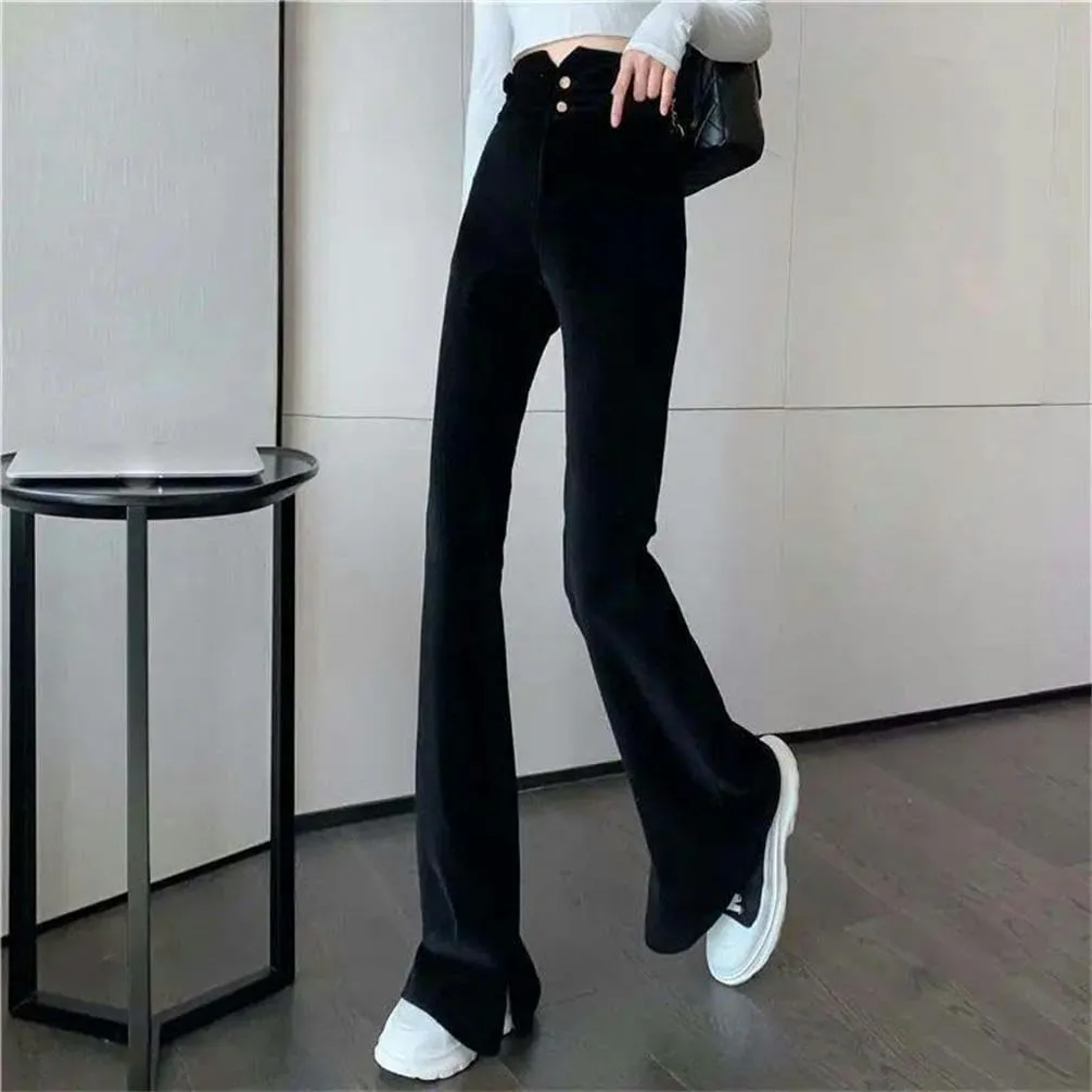 Autumn and Winter Women's high Waist Button Solid Solid Color Casual Straight Pants Breathable Casual