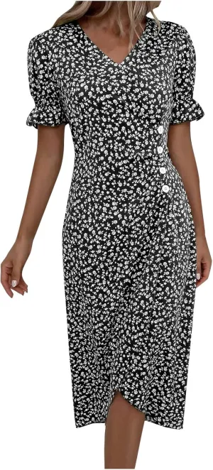 Beach Dresses for Women,2025 Summer Trendy Elegant V Neck Floral Boho Dress,Flowy Ruched Hawaiian Maxi Dress