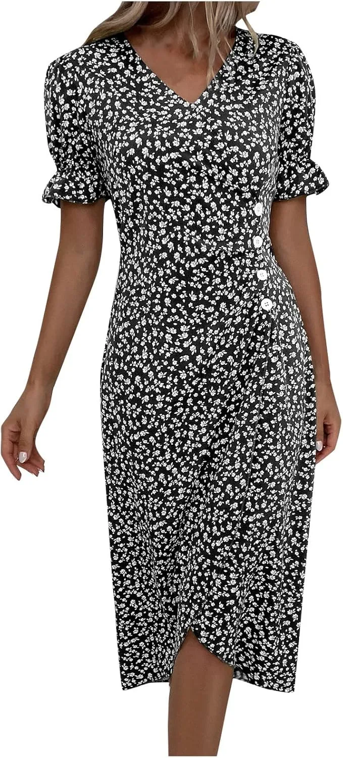 Beach Dresses for Women,2025 Summer Trendy Elegant V Neck Floral Boho Dress,Flowy Ruched Hawaiian Maxi Dress