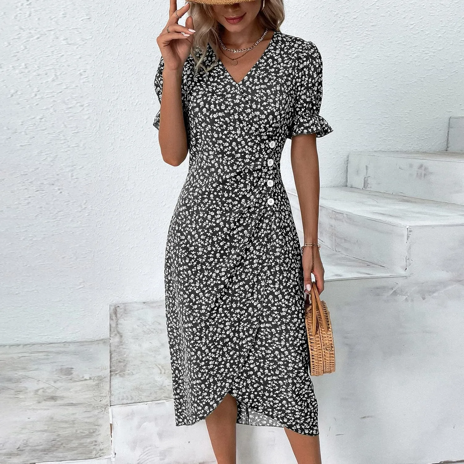 Beach Dresses for Women,2025 Summer Trendy Elegant V Neck Floral Boho Dress,Flowy Ruched Hawaiian Maxi Dress