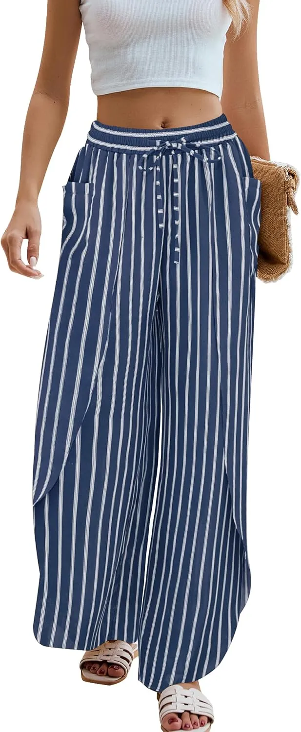 BMJL Womens Wide Leg Summer Pants Flowy Side Split Palazzo Beach Pants Boho High Waisted Trousers