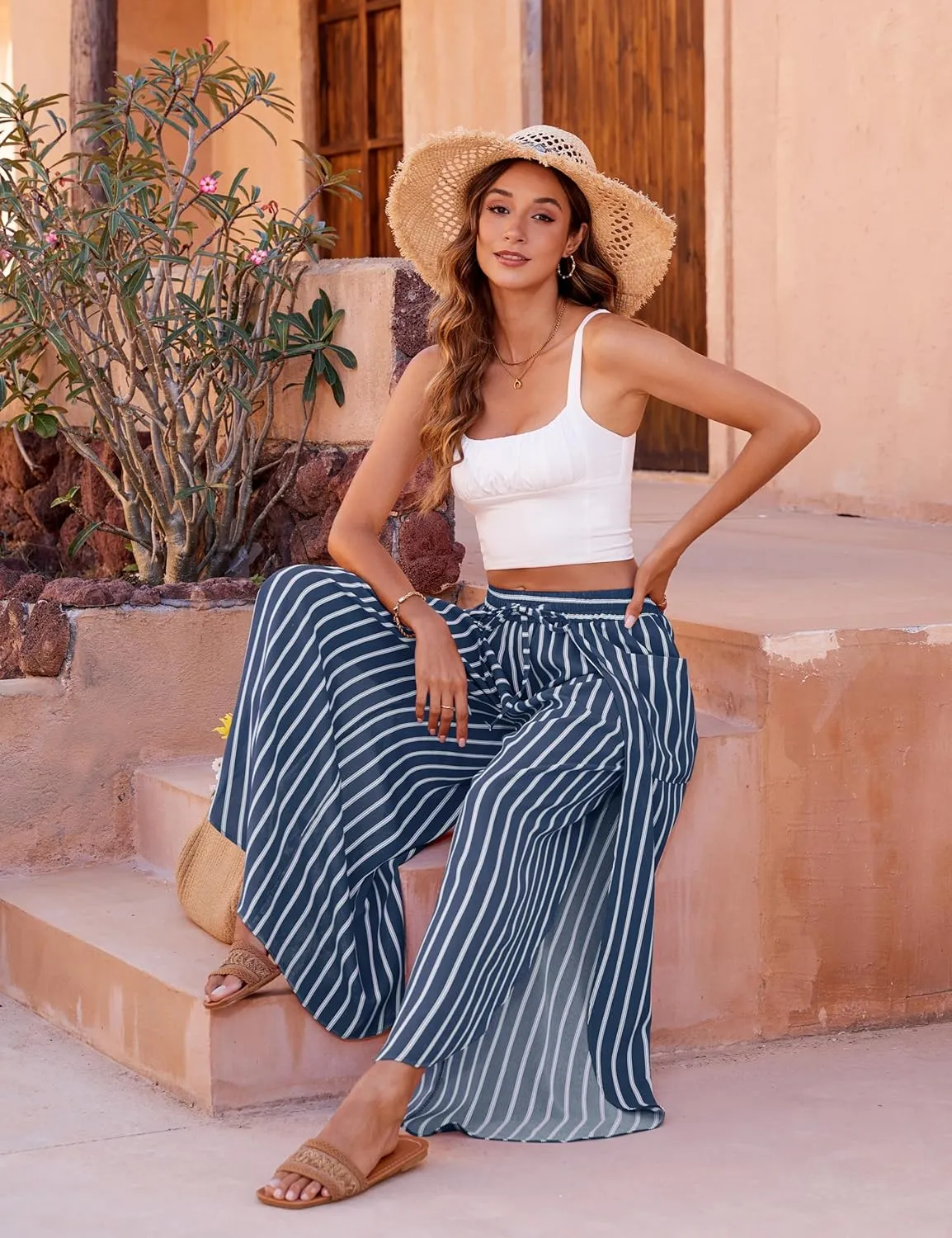 BMJL Womens Wide Leg Summer Pants Flowy Side Split Palazzo Beach Pants Boho High Waisted Trousers