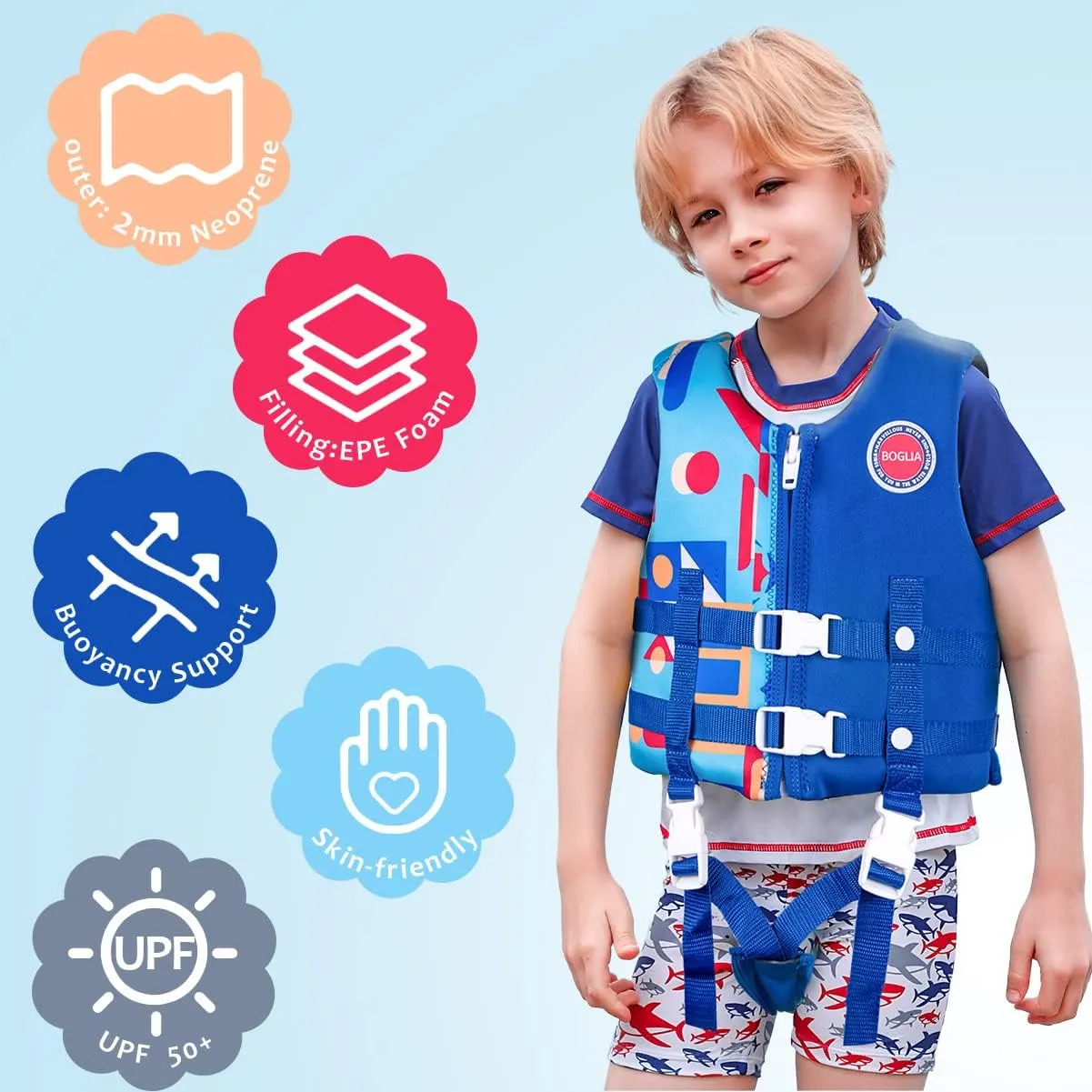 Boglia Kids Swim Vest Toddler Float Jacket Swimming Aid for Boys and Girls,Children Float Swimsuit with Adjustable Safety Strap for Age 2-9 Years/22-50Lbs